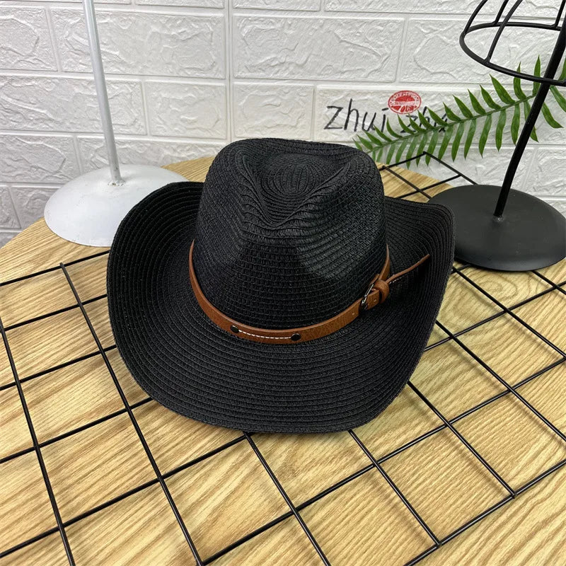 Wide Brim Straw Cowboy Hat Unisex Sun Protection Foldable Travel