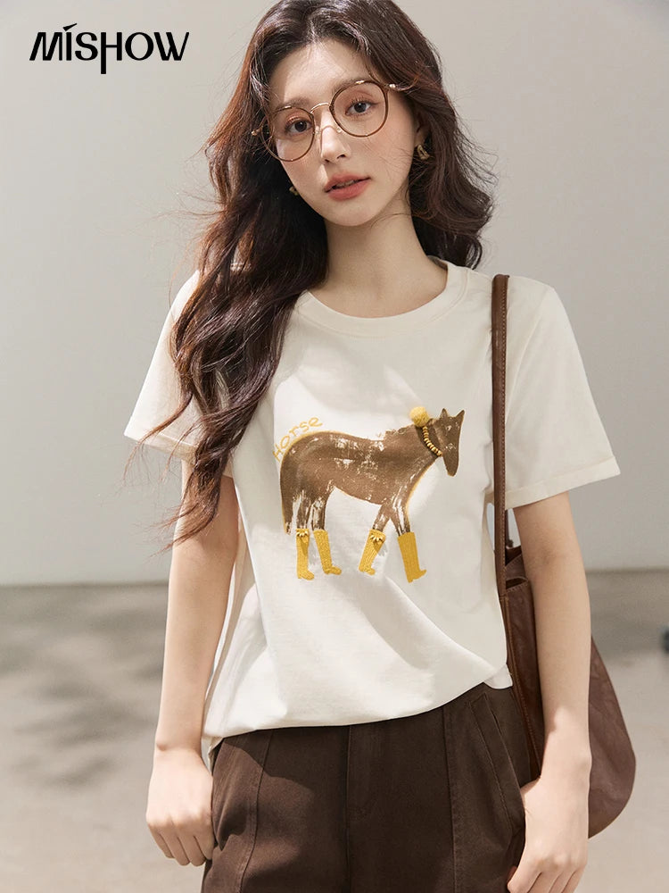 MISHOW Womens Horse Print Beaded Embroidery Cotton Crew Neck Tee