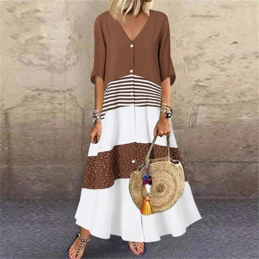 Women V Neck Button Front Jersey Knit Dress With Stripes And Polka Dots