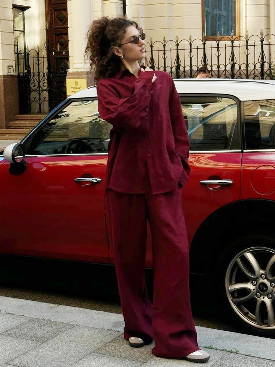Bornladies Cotton Casual Pants Set With Lapel Long Sleeve Shirt