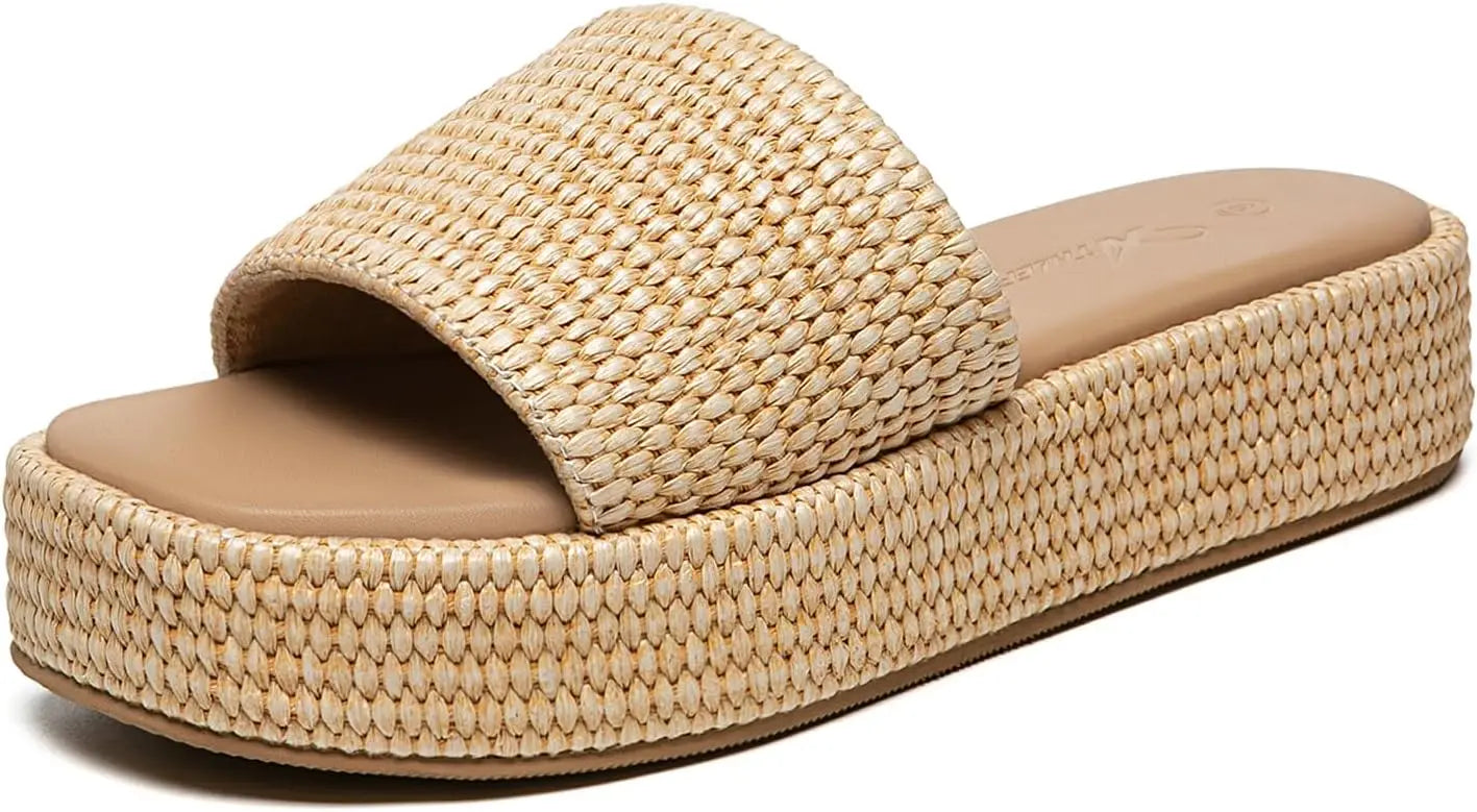 NONECN Women's Platform Raffia Sandals Open Toe Slip On Slides