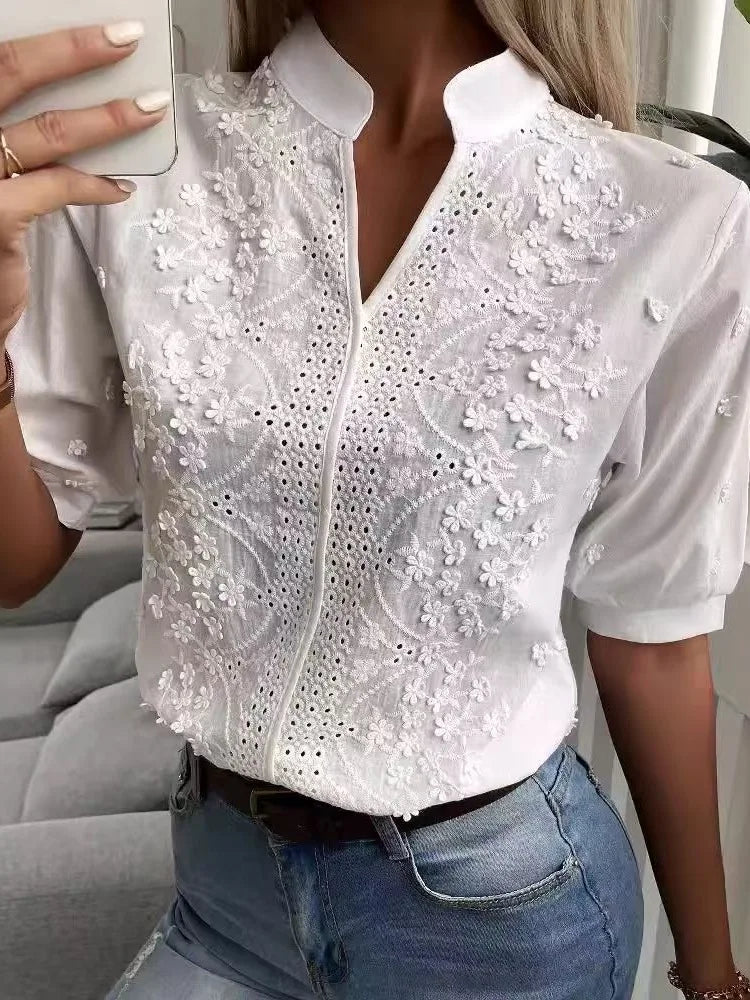 Others Embroidered Hollow Out Stand Collar Short Sleeve Shirt