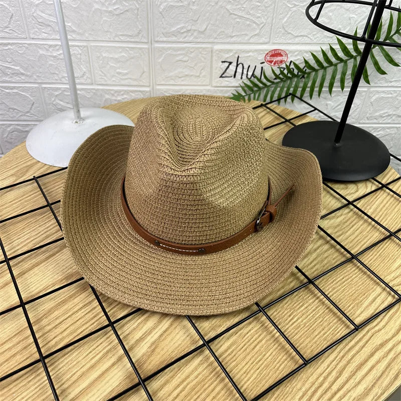 Wide Brim Straw Cowboy Hat Unisex Sun Protection Foldable Travel