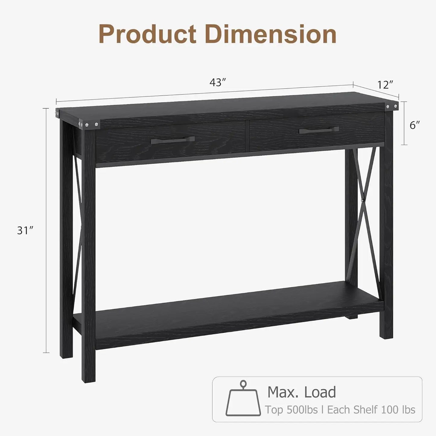 Black Console Table with 2 Drawers & Storage Shelf for Entryway Hallway Living Room 43x12x30in, Customized