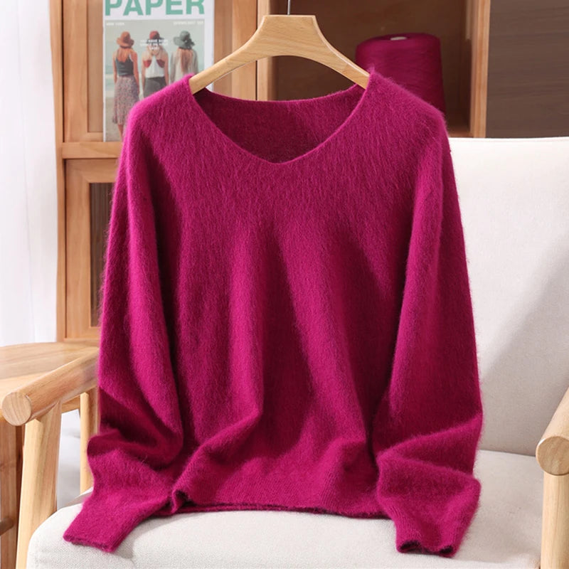 Mink Cashmere Women's V-Neck Knit Pullover Sweater