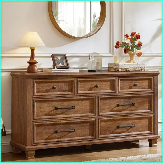 Farmhouse Style Brown Wood 7 Drawer Dresser