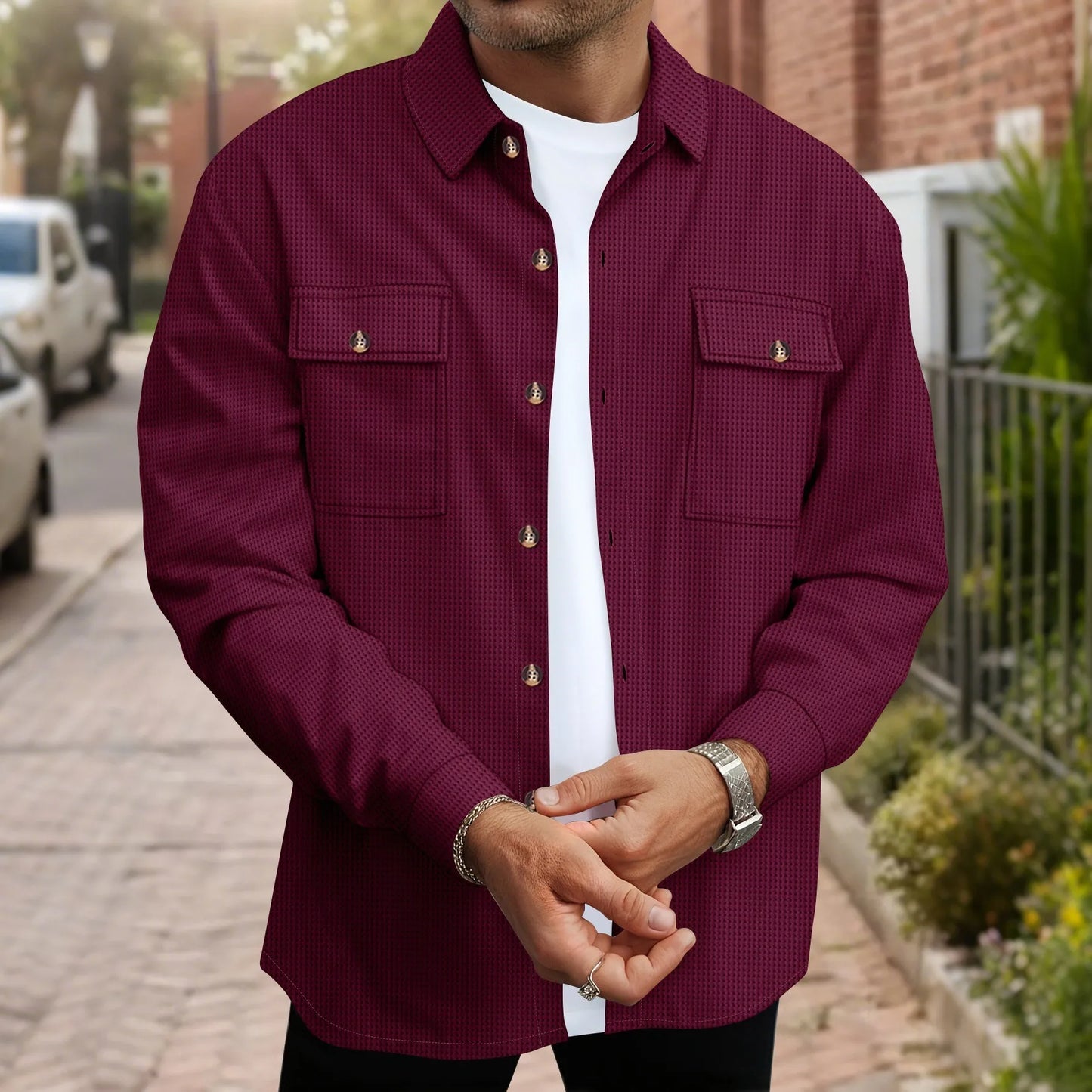 Mens Casual Waffle Texture Button Up Shirt Shacket Lapel Collar