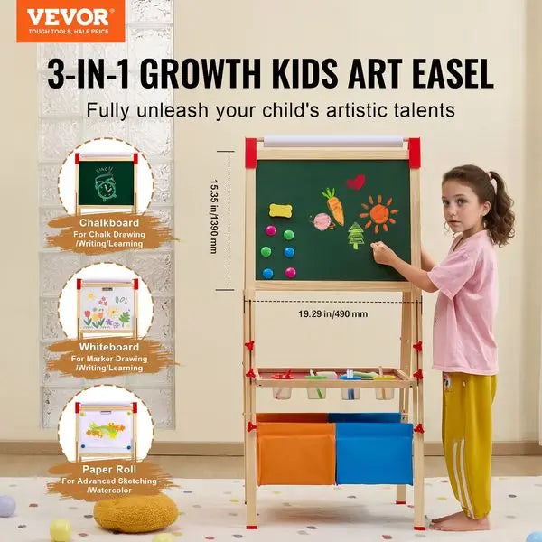 Art Easel for Kids, 3-in-1 Wooden Double-Sided Kid's Art Easel with Magnetic Whiteboard, Chalkboard, Paper Roll, Adjustable