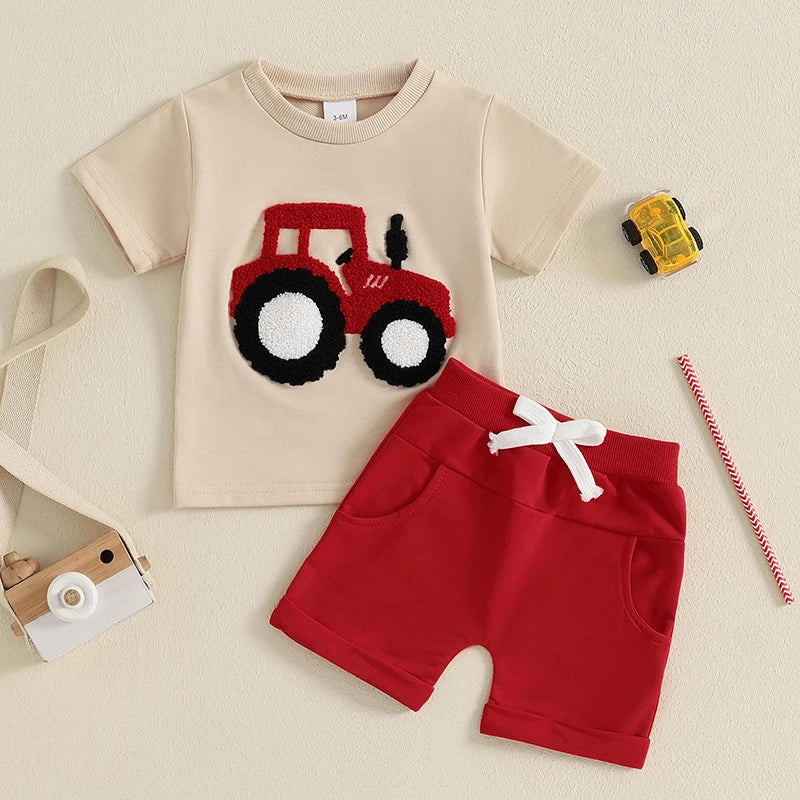 Lioraitiin Toddler Boys Summer Outfit Truck Embroidered Set
