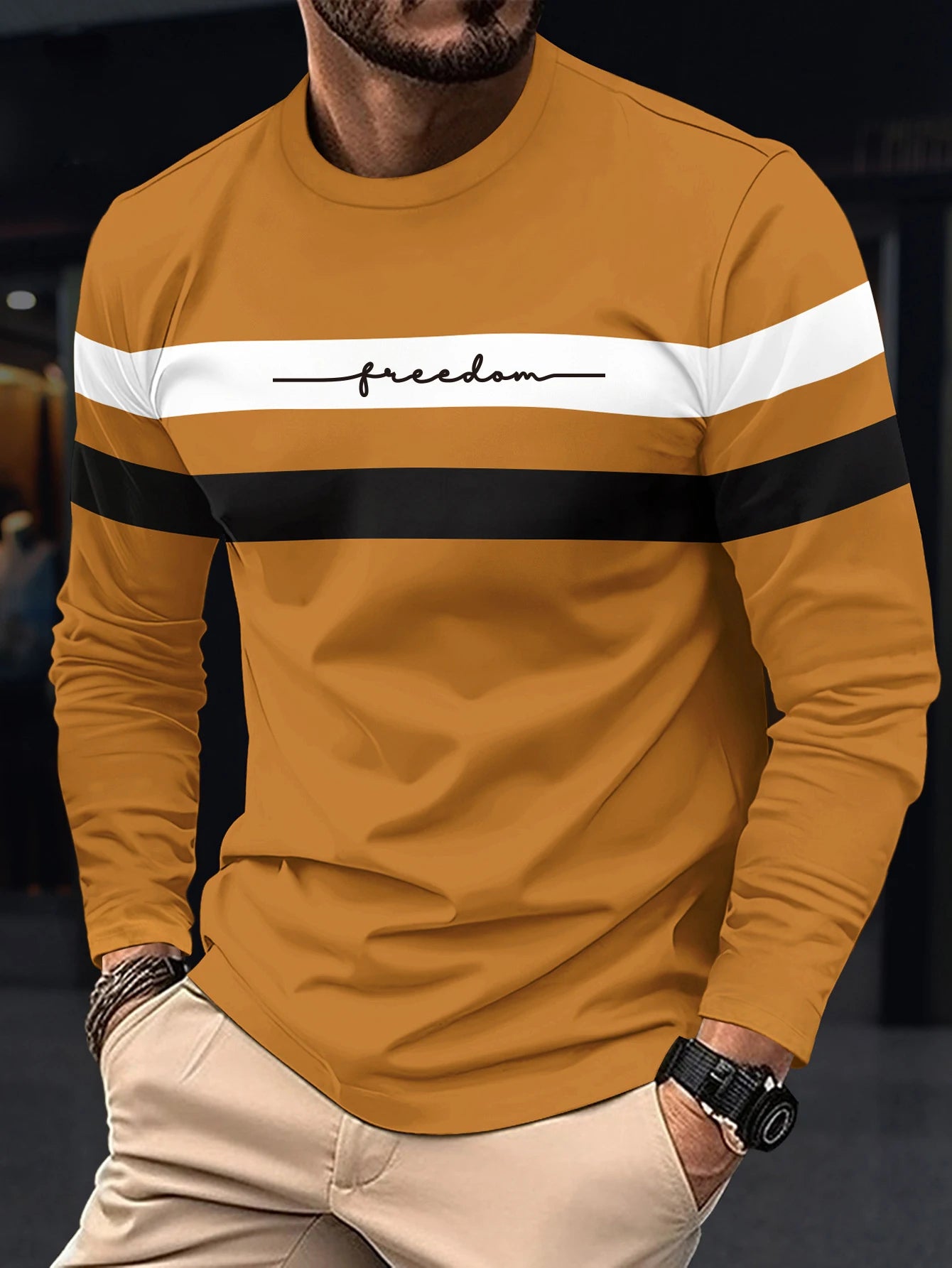 Autumn Mens Oversized Crew Neck Long Sleeve Stripe T Shirt
