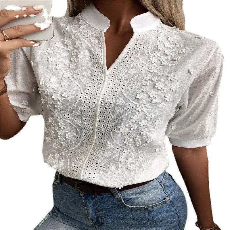 Elegant Short Sleeve Chiffon Blouse With Crochet Embroidery
