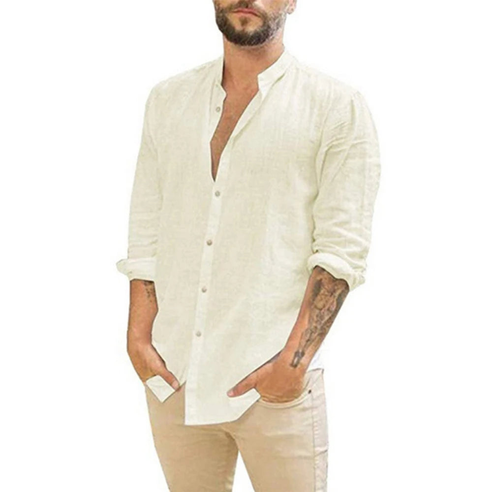King Billion Cotton Linen Men's Long Sleeve Shirt Stand Collar