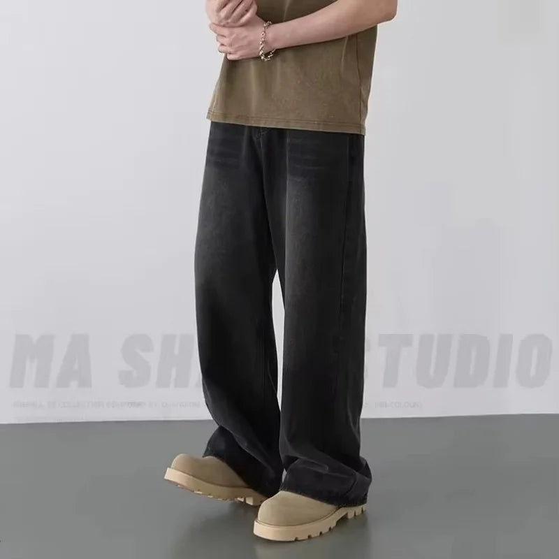 Men's Washed Denim Jeans With Loose Fit Wide Leg Trousers