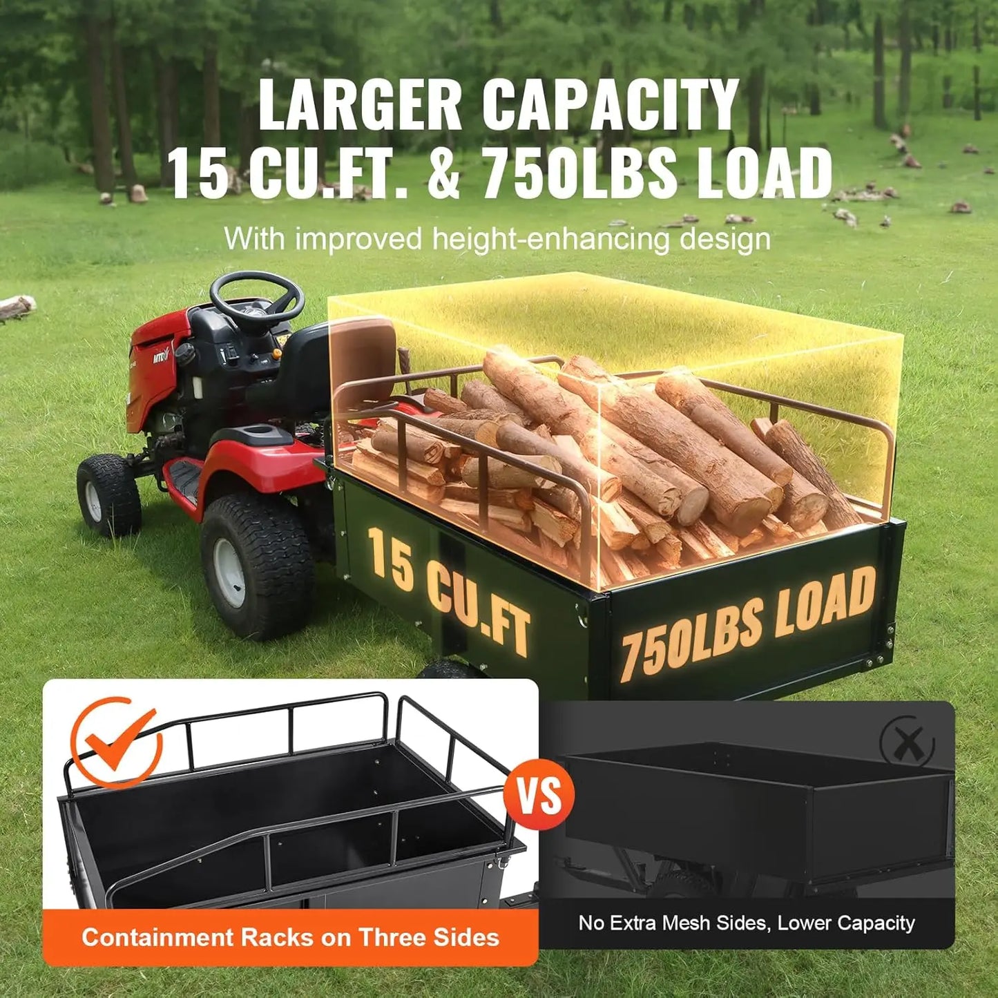 HeavyDutyATVDumpCart Capacity750Lb FifteenCuFt UtilityTrailer ForLawnMower TractorYardWork HaulReliable AllTerrain
