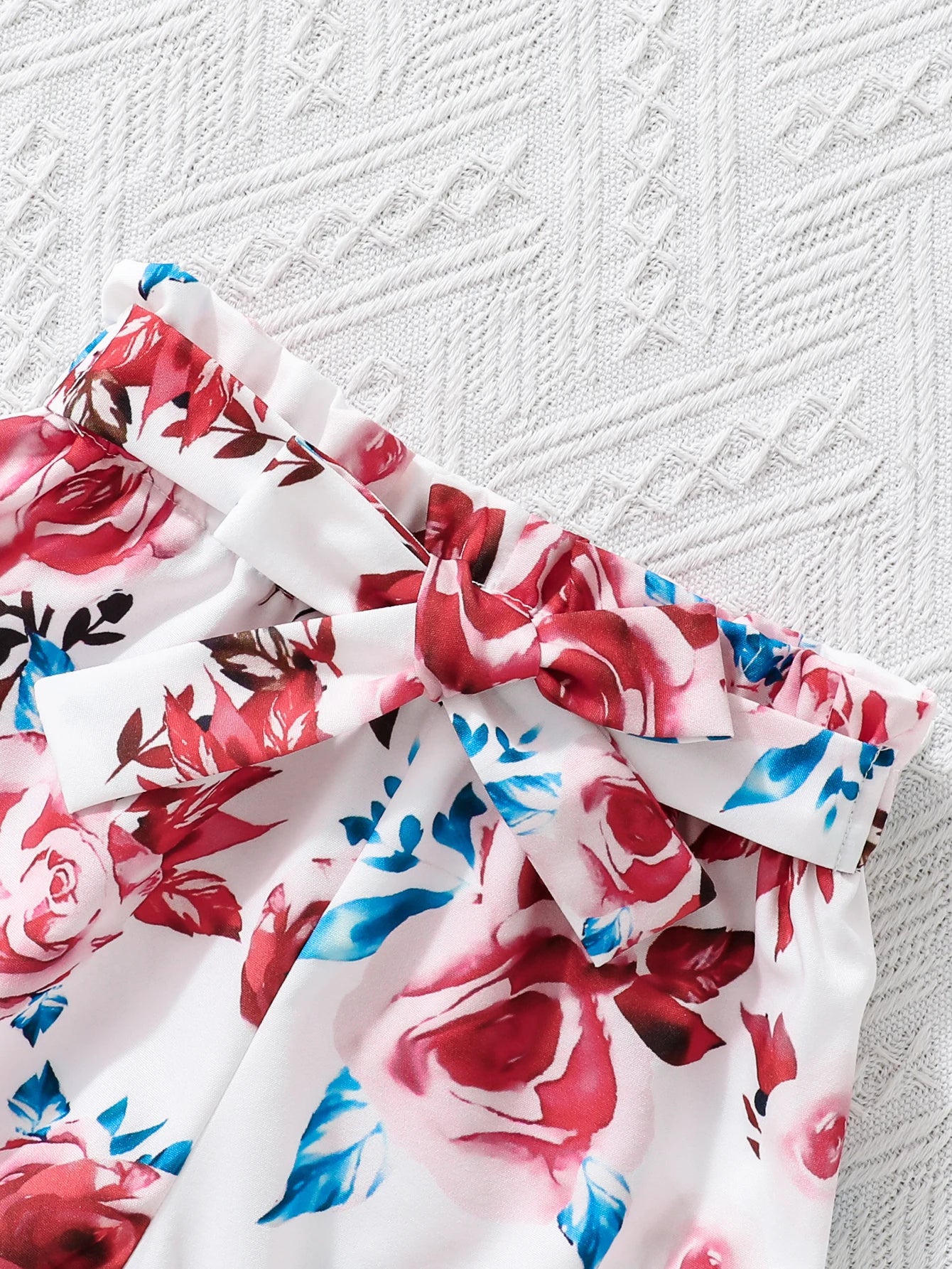Baby Girls Summer Knit Ruffled Top Floral Shorts Scrunchie Set