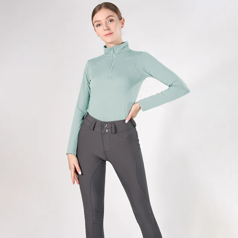 Zipper Equestrian Long Sleeve Top For Women Riding Nylon Base Layer