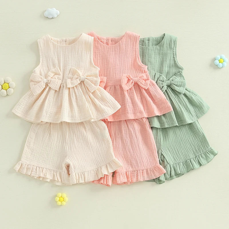 Lioraitiin Toddler Girl Summer Bow Neck Tank Top Set