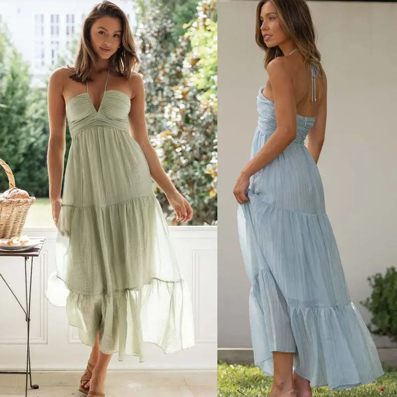 Others Sleeveless Chiffon High Waist V-Neck A-Line Midi Dress