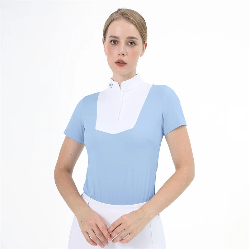 M LOGO Equestrian t-Shirts Short Sleeve Tops Horse Riding Clothing Women Button Training Rider Blouse Competition Show Top