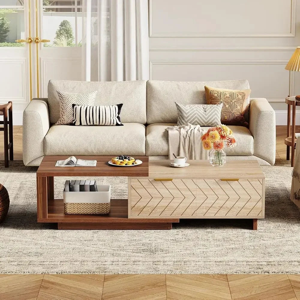 Expandable Wooden Coffee Table With 2 Drawers Rectangular Center Table