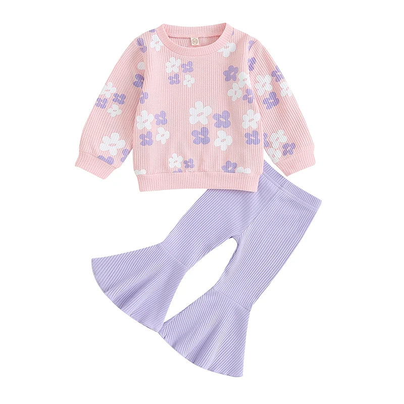 Lioraitiin Floral Print Baby Girl Set Long Sleeve Top Pants