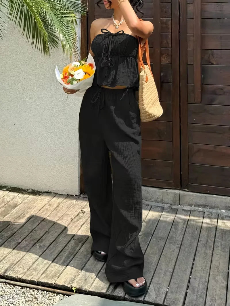 Women Two Piece Lace Up Top And Pants Set