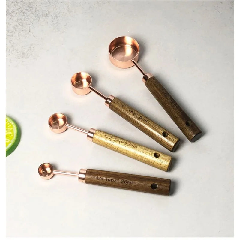 Stainless Steel Measuring Cups And Spoons Set With Wood Handle