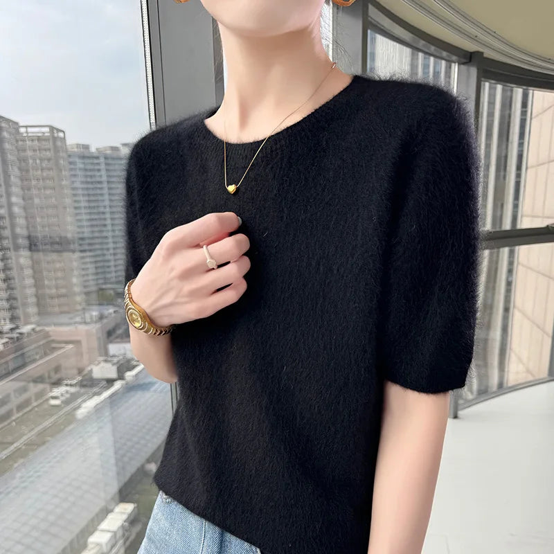 FRSEUCAG Women's Mink Cashmere Knit Sweater O-Neck Short Sleeve Pullover