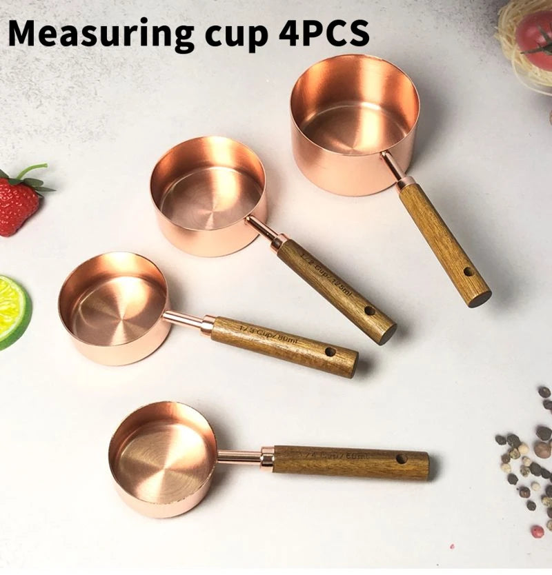 Stainless Steel Measuring Cups And Spoons Set With Wood Handle
