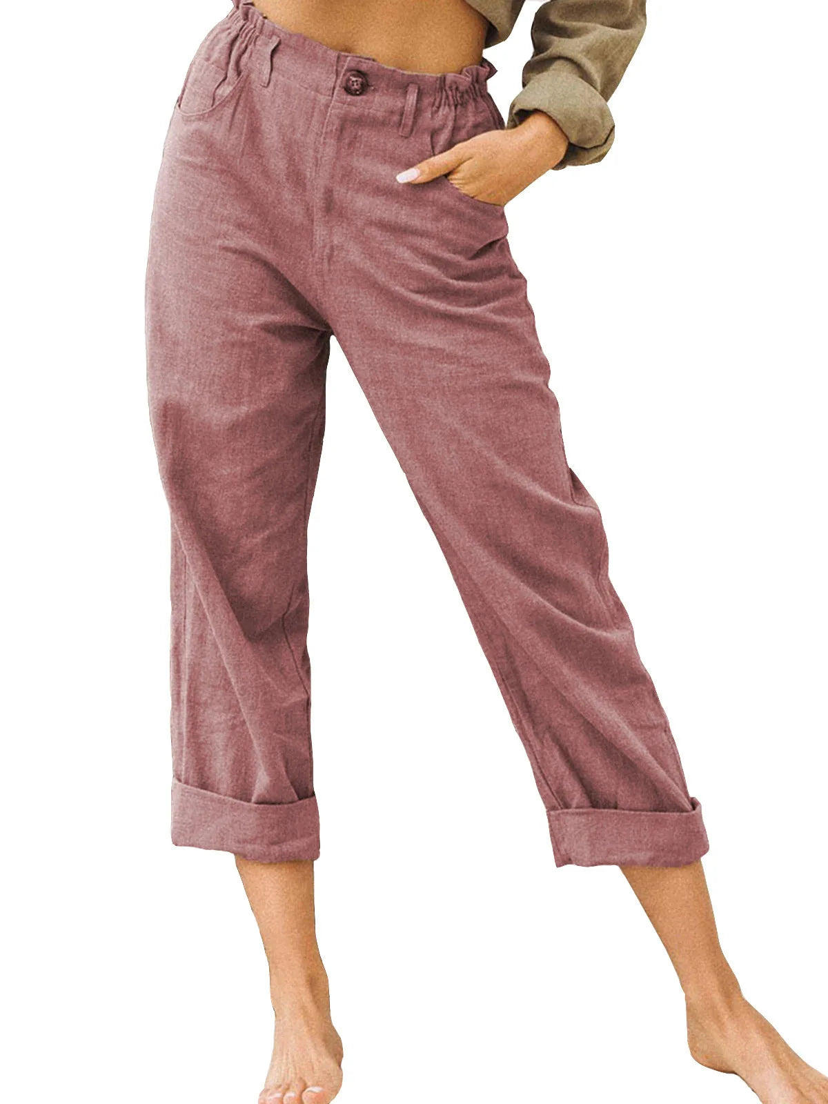 Guangdong Choice Cotton Linen Cropped Pants For Women, Casual Straight