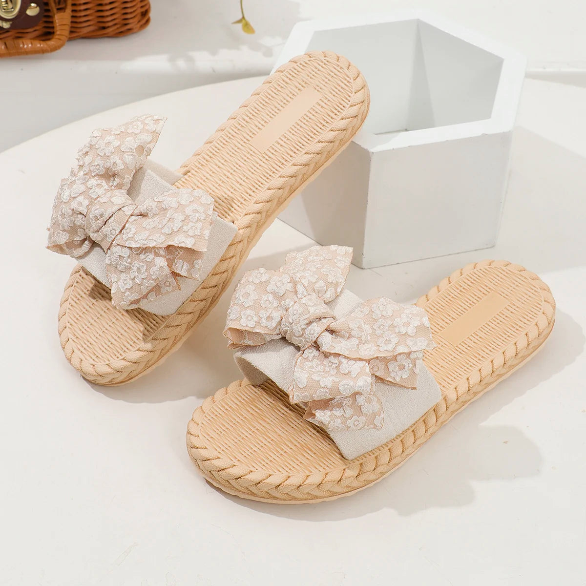 Women's Lace Bow Slippers Anti Slip Soft Sole Flat Heel