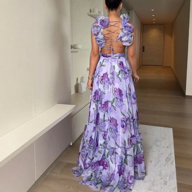 Others Floral Print V Neck Sleeveless Maxi Dress Women Summer