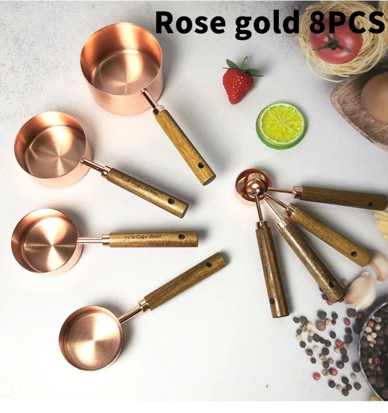 Stainless Steel Measuring Cups And Spoons Set With Wood Handle