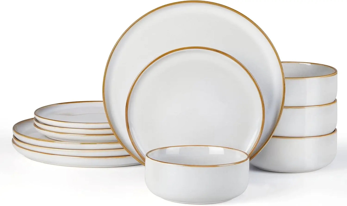 12 Piece Stoneware Plates And Bowls Set For Four People