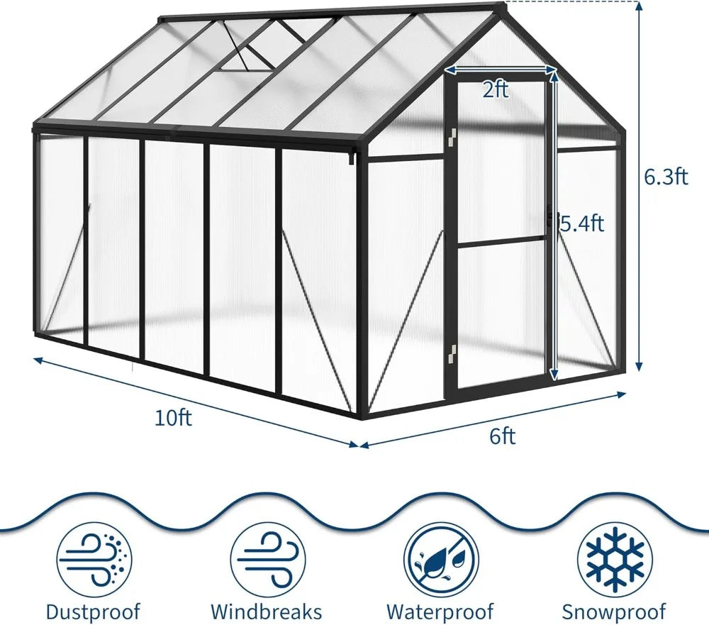 Polycarbonate Greenhouse With Aluminum Frame Quick Setup Roof Vent