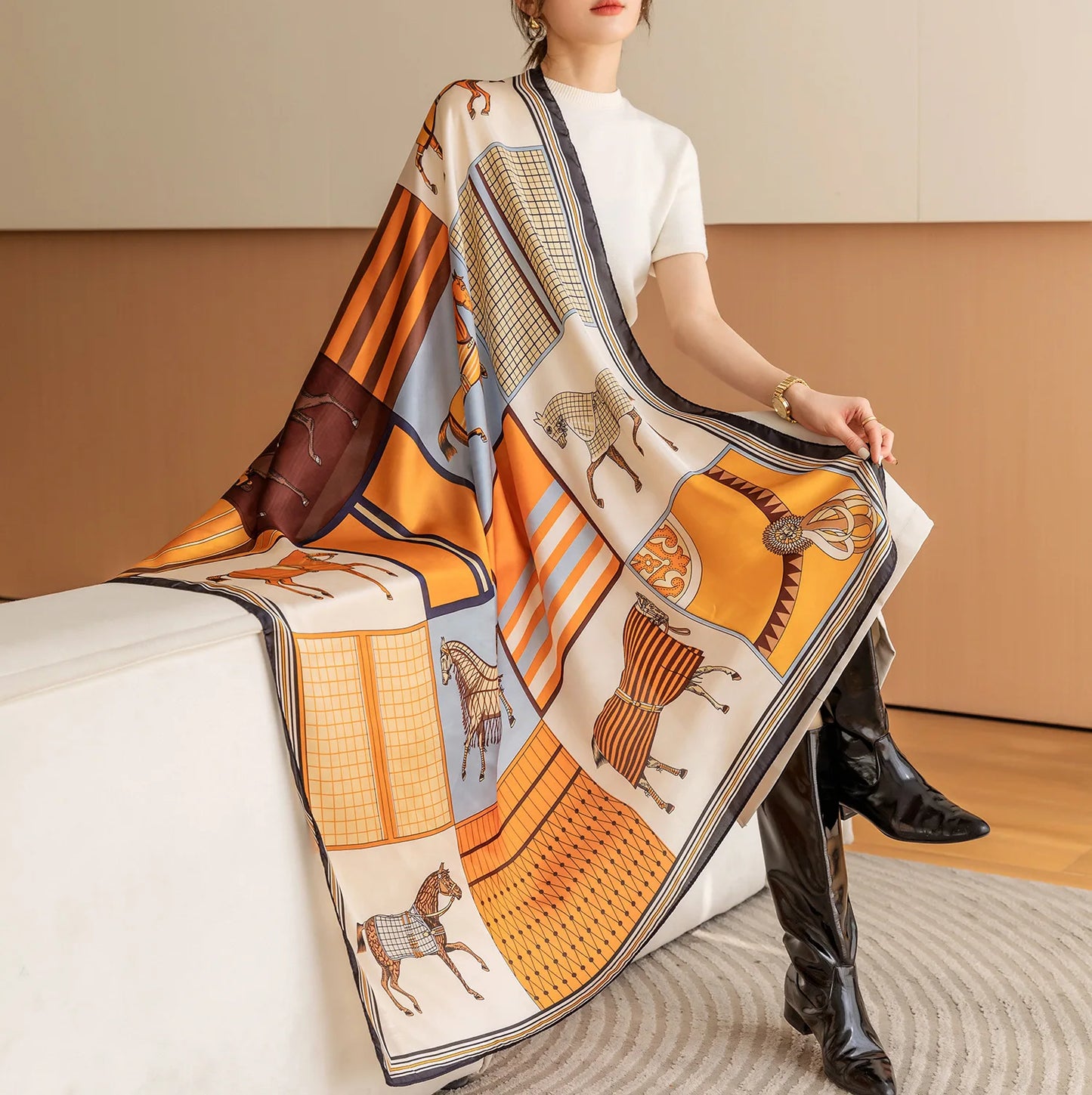 Horse Print Square Scarf For Women Polyester Windproof Head Wrap