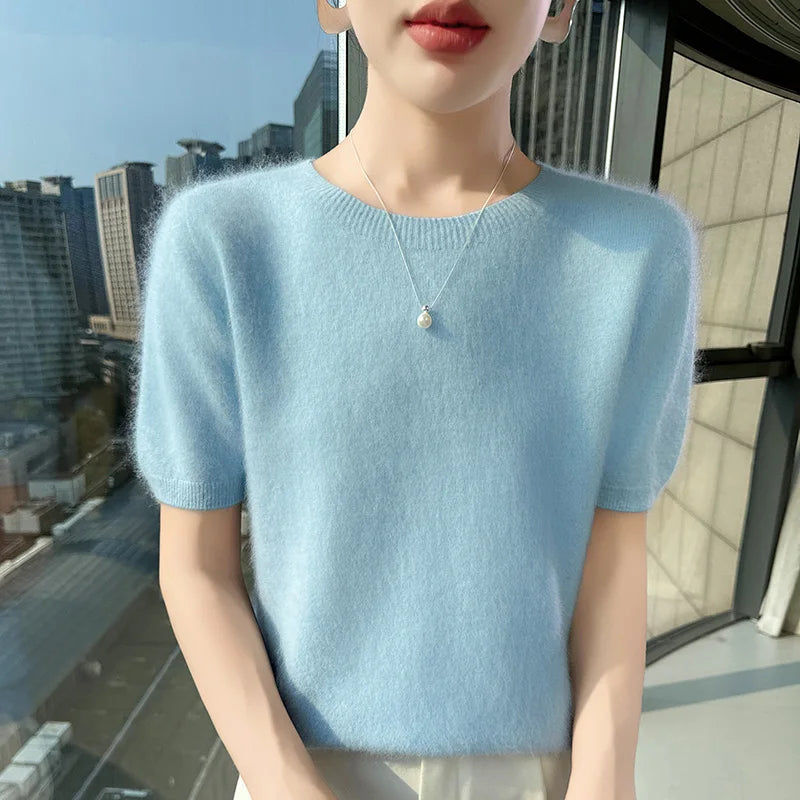 FRSEUCAG Women's Mink Cashmere Knit Sweater O-Neck Short Sleeve Pullover