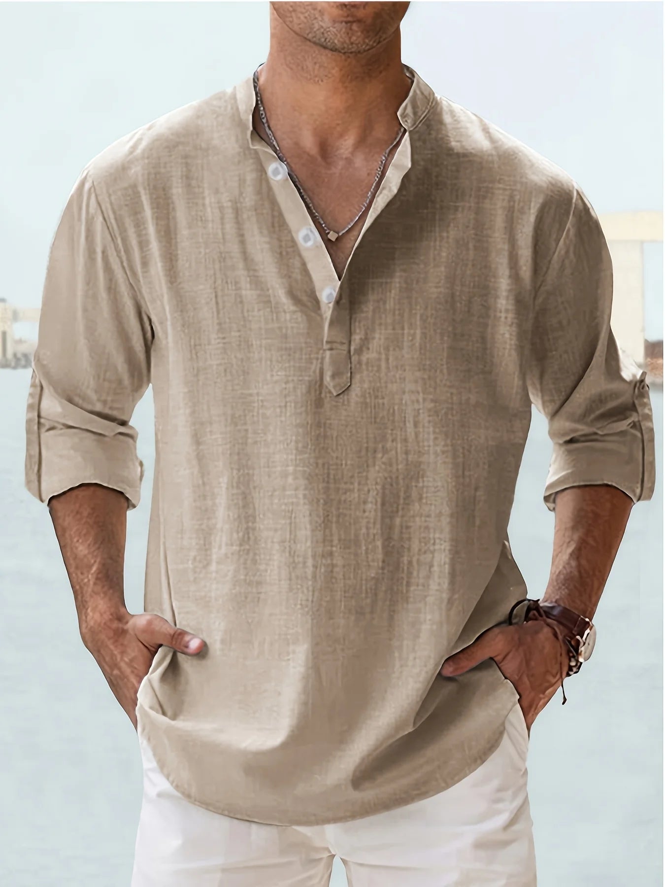 Men's Linen Stand Collar Long Sleeve Shirt Cotton Blend