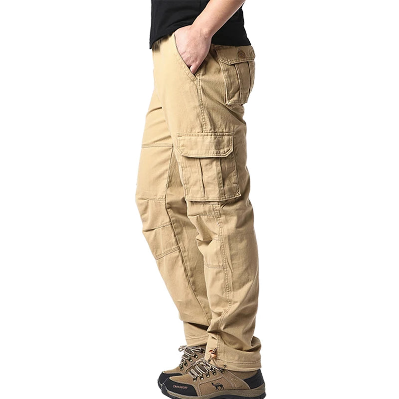 Men's Loose Tactical Overalls Pocket Jogging Pants Elastic Waist Cotton