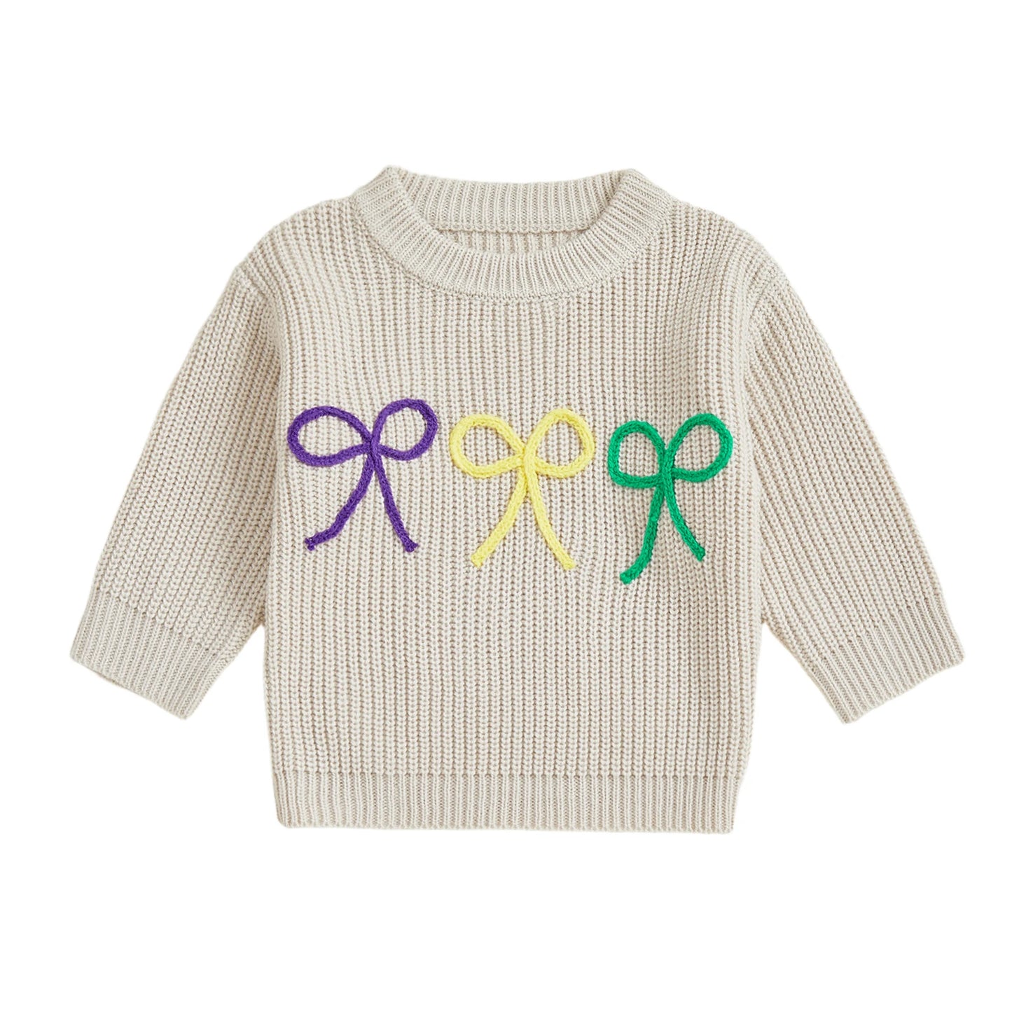 Mardi Gras Toddler Girl Sweater With Embroidered Bow Detail