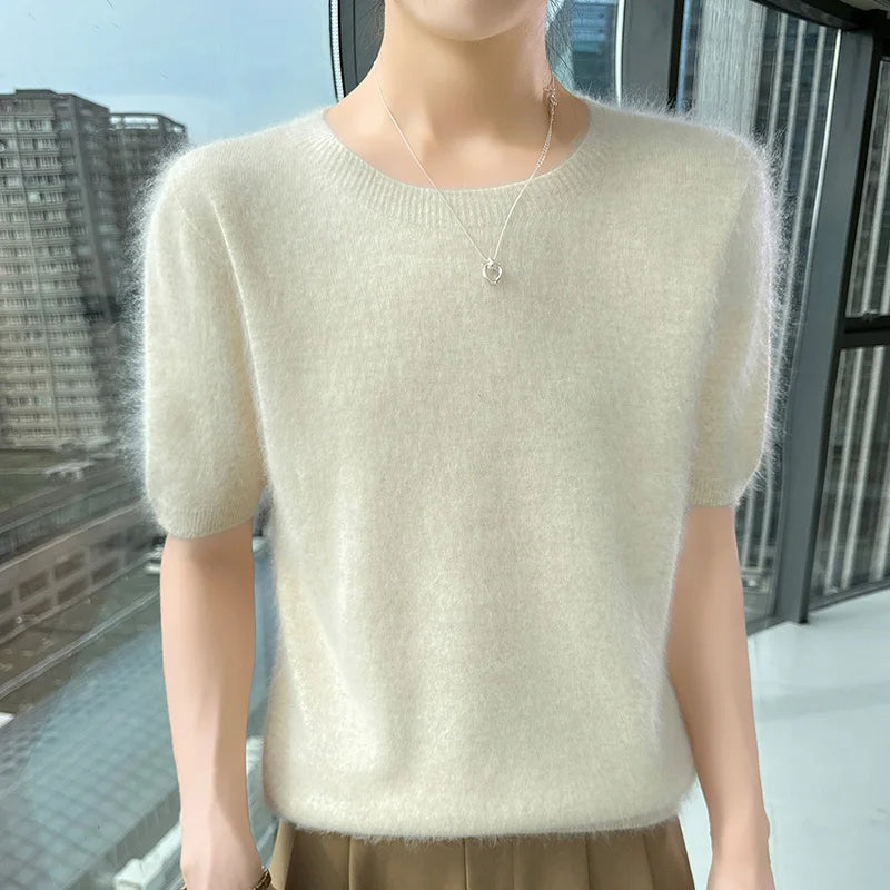 FRSEUCAG Women's Mink Cashmere Knit Sweater O-Neck Short Sleeve Pullover