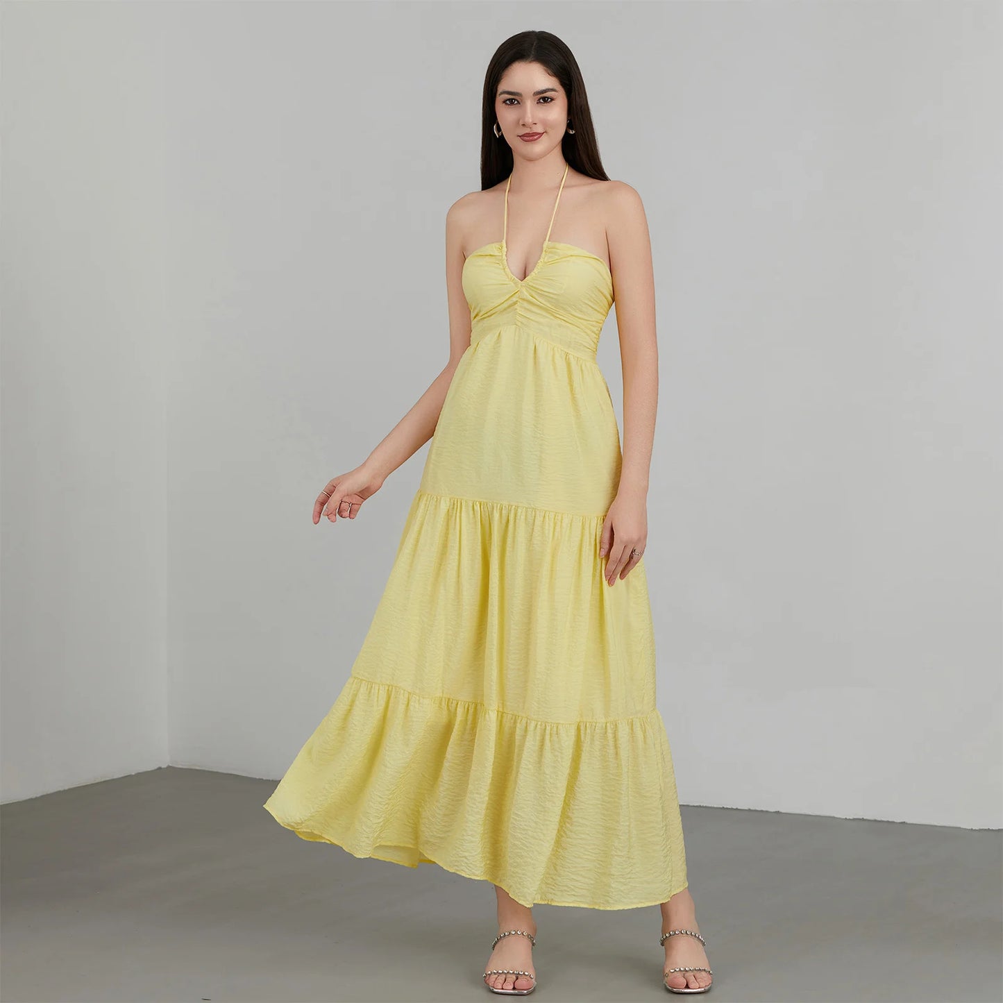 ThefoundCN Women A Line Halter Neck Backless Sleeveless Dress Tie Up Beach