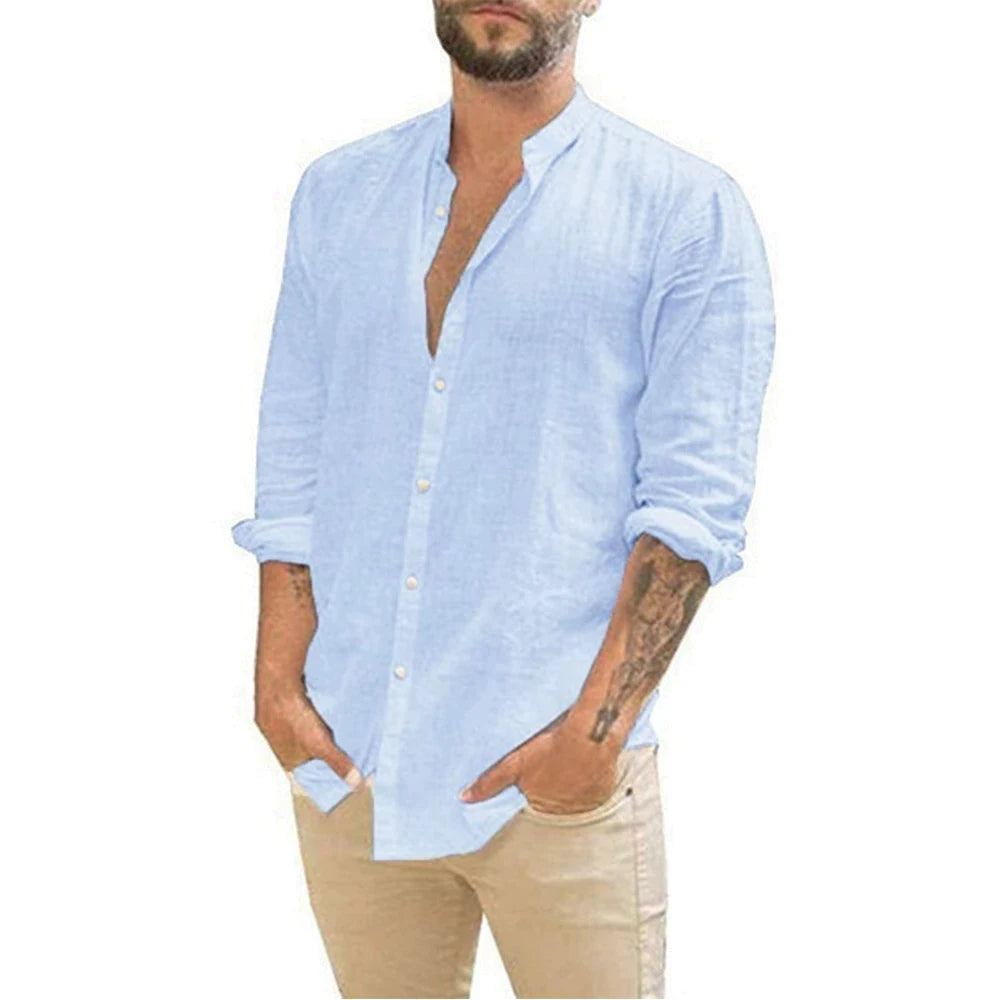 King Billion Cotton Linen Men's Long Sleeve Shirt Stand Collar