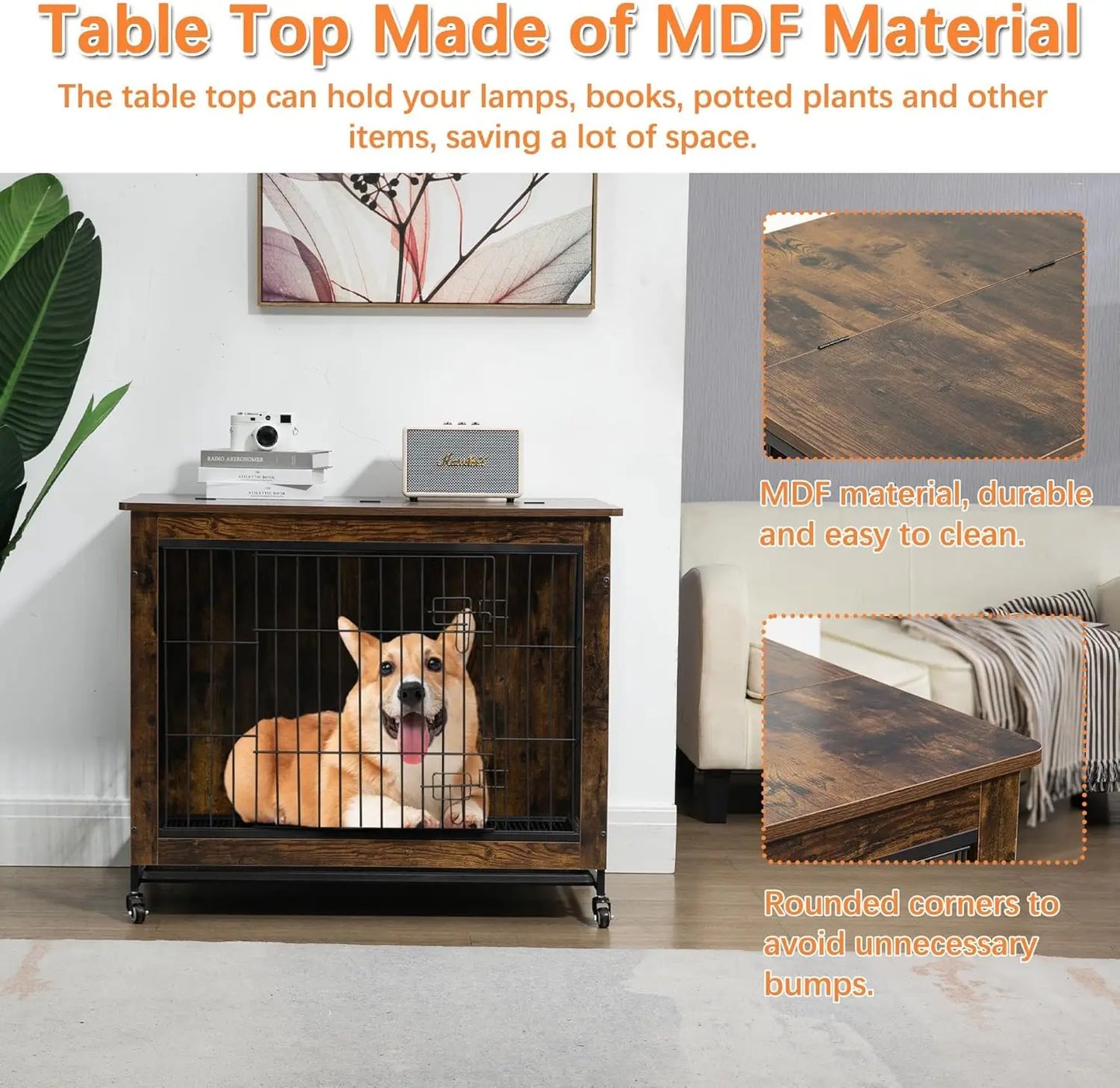 HiMISS Modern Wood Metal Dog Crate Furniture With Wheels