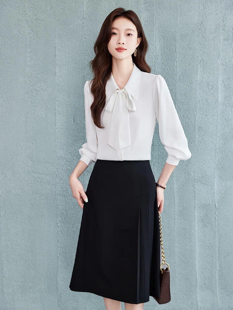 Others Blue Bow Tie Shirt Skirt Set For Professional Commuter And Interview