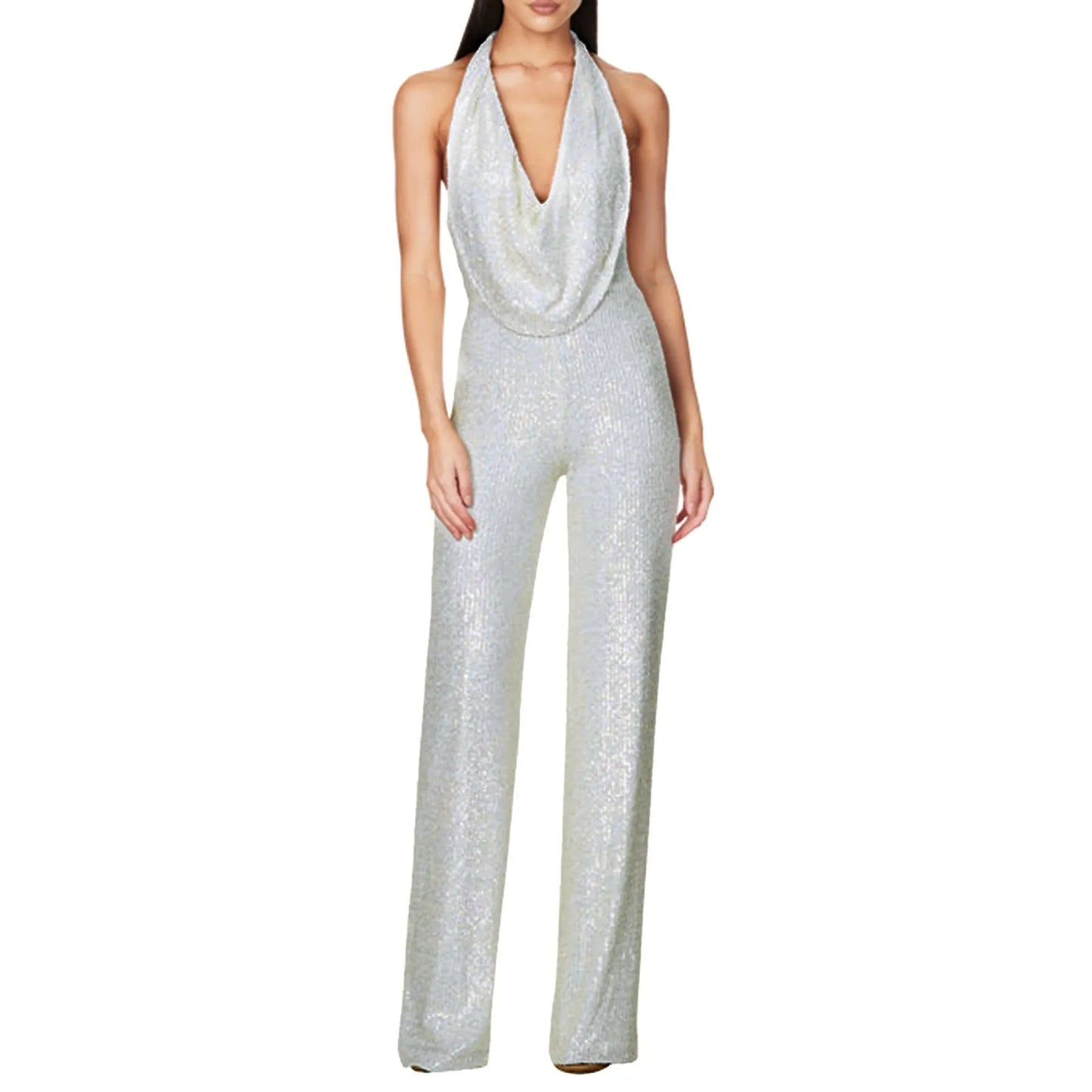 ZOMAXIUJEECN Elegant Women DeepVNeckline Halter WideLeg Crystal Sequined Party Jumpsuit
