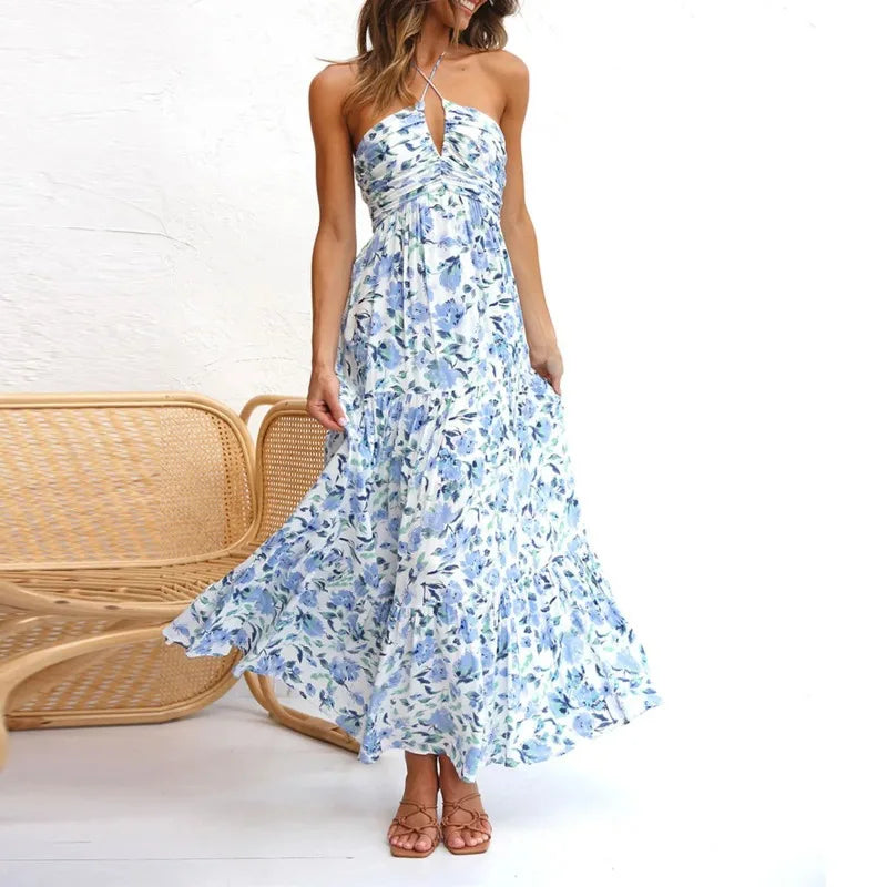 Women Summer Maxi Dress Spaghetti Strap V Neck Sleeveless Floor Length Vacation