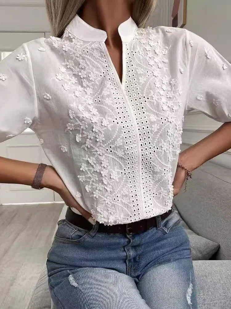 Others Embroidered Hollow Out Stand Collar Short Sleeve Shirt