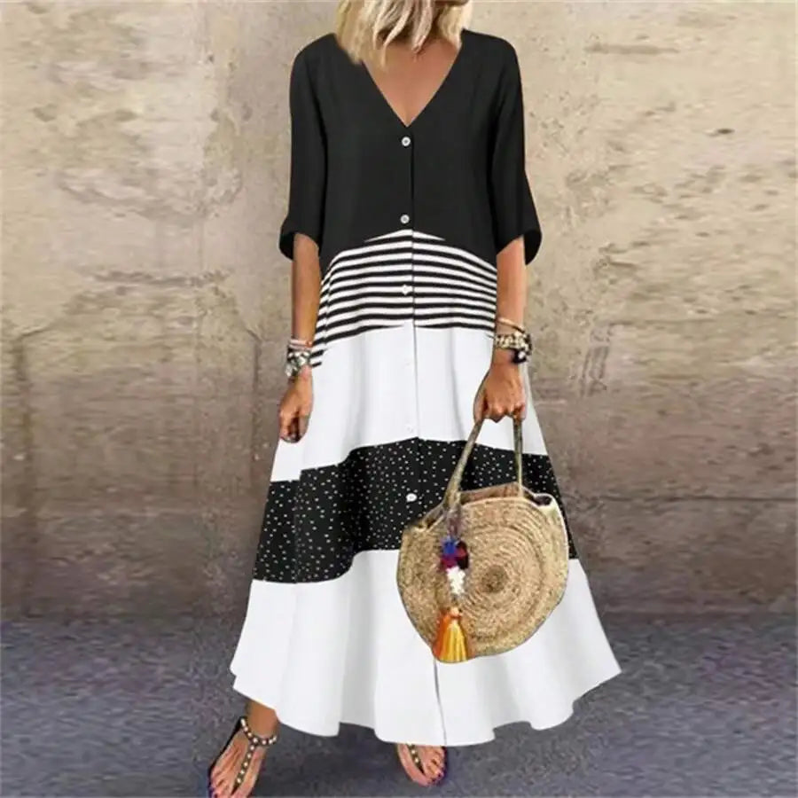 Women V Neck Button Front Jersey Knit Dress With Stripes And Polka Dots