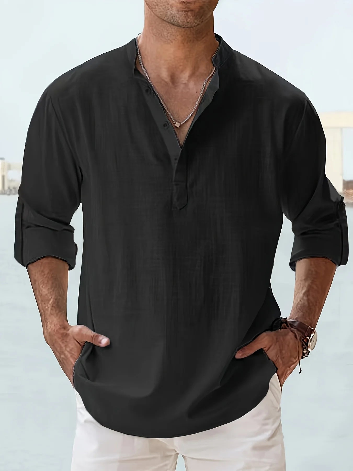 Men's Linen Stand Collar Long Sleeve Shirt Cotton Blend